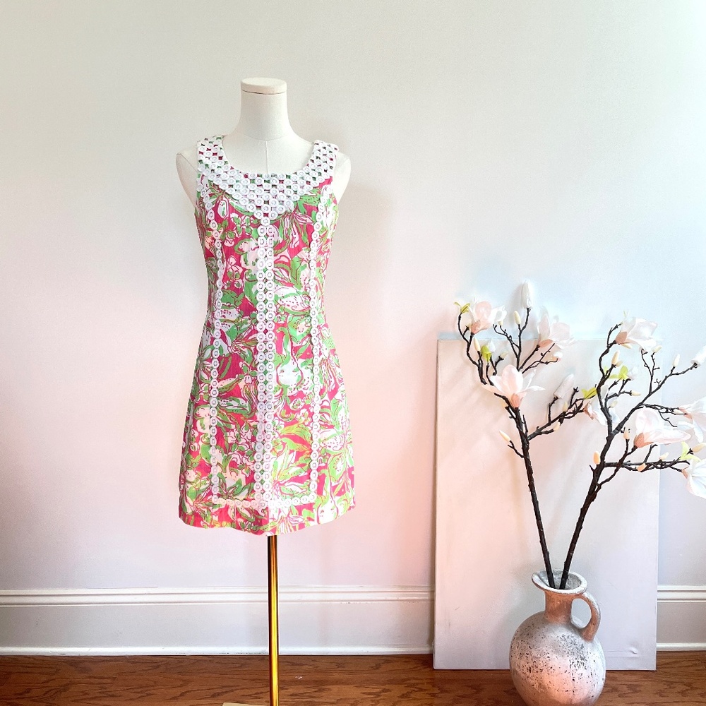Lilly Pulitzer Shift Dress Women 0 Hibiscus Tropical Lace Applique Preppy Resort